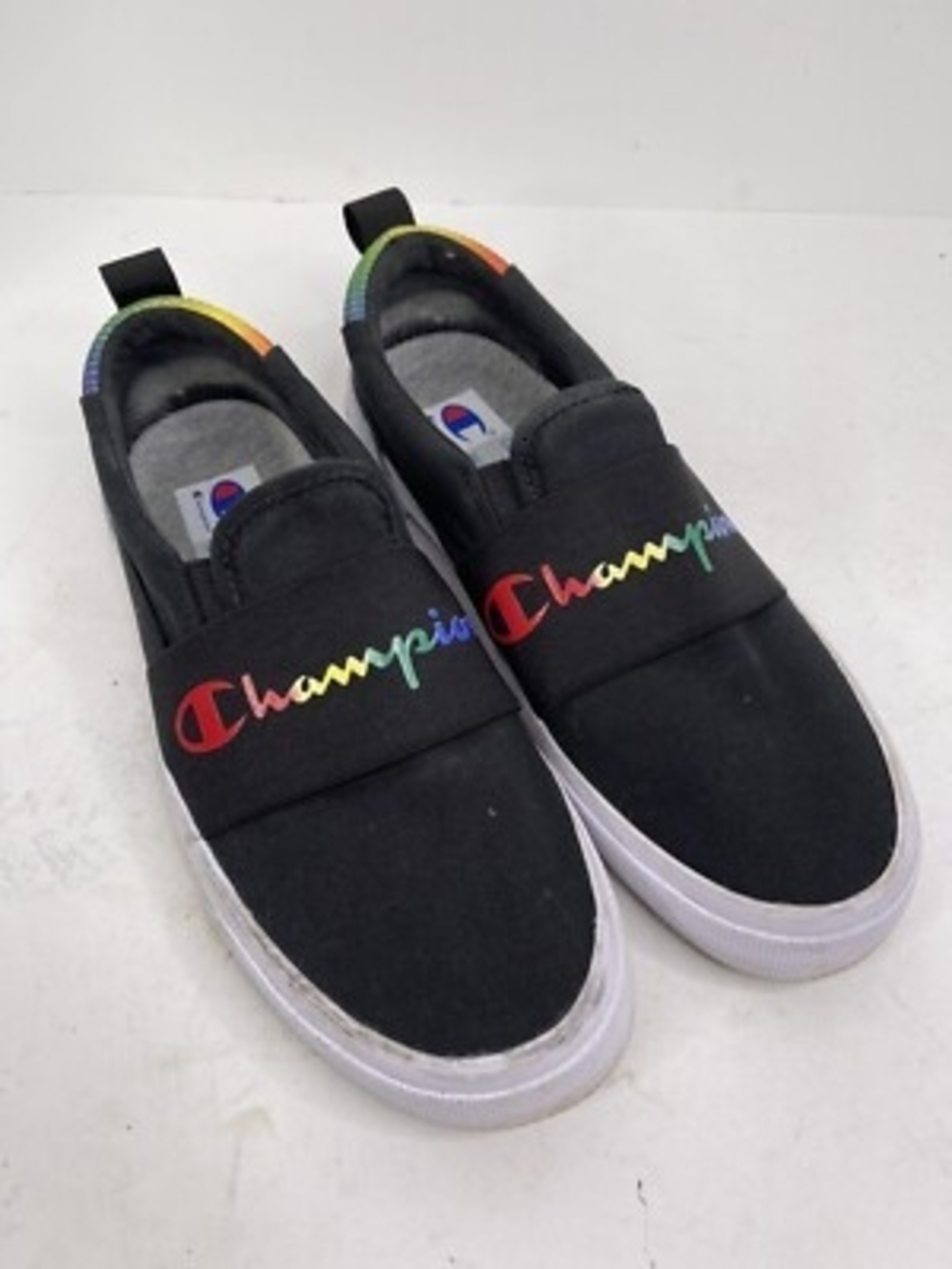 Champion Black Slip-On Kids Sneakers with Rainbow Script